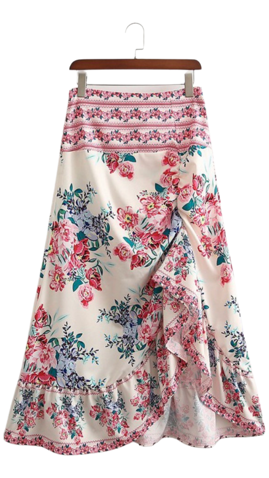 Apparel- M&E Floral Print A Line High Low Skirt