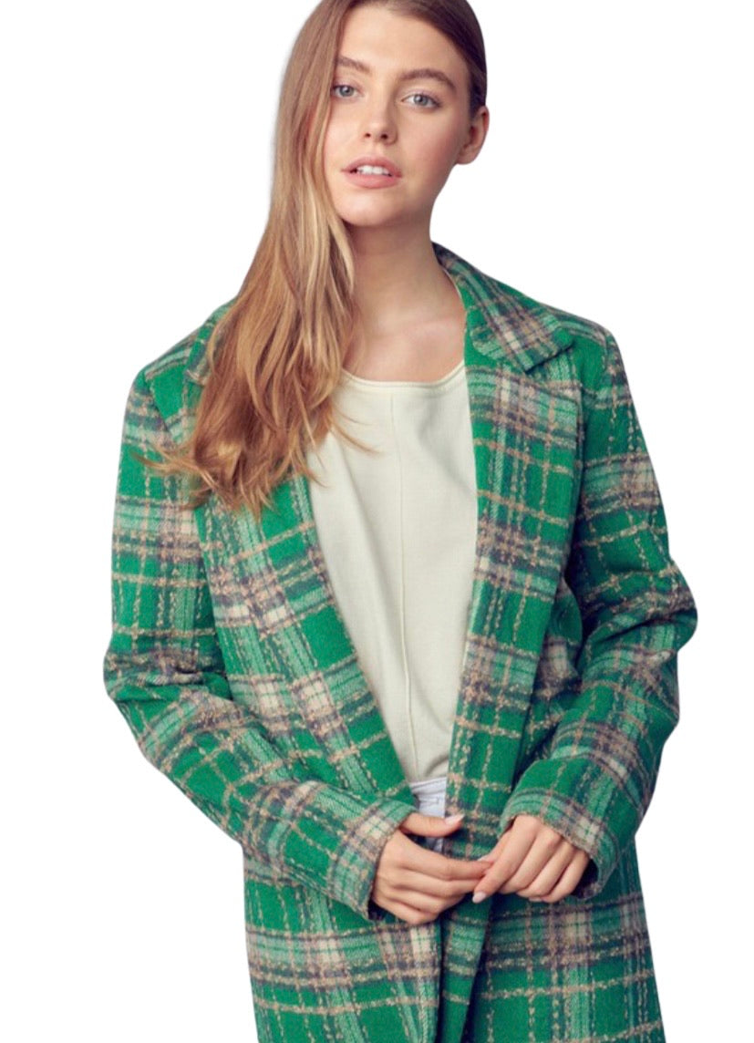 Apparel- En Merci Check Collard Neck and Notched Lapels Coat Green