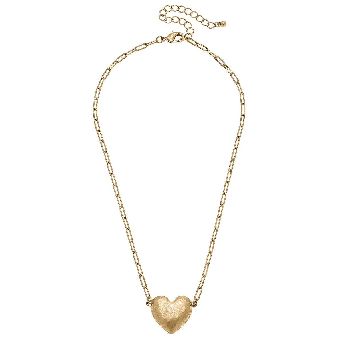 Necklaces- Canvas Shae Puffed Heart Paperclip Chain Necklace in Worn Gold
