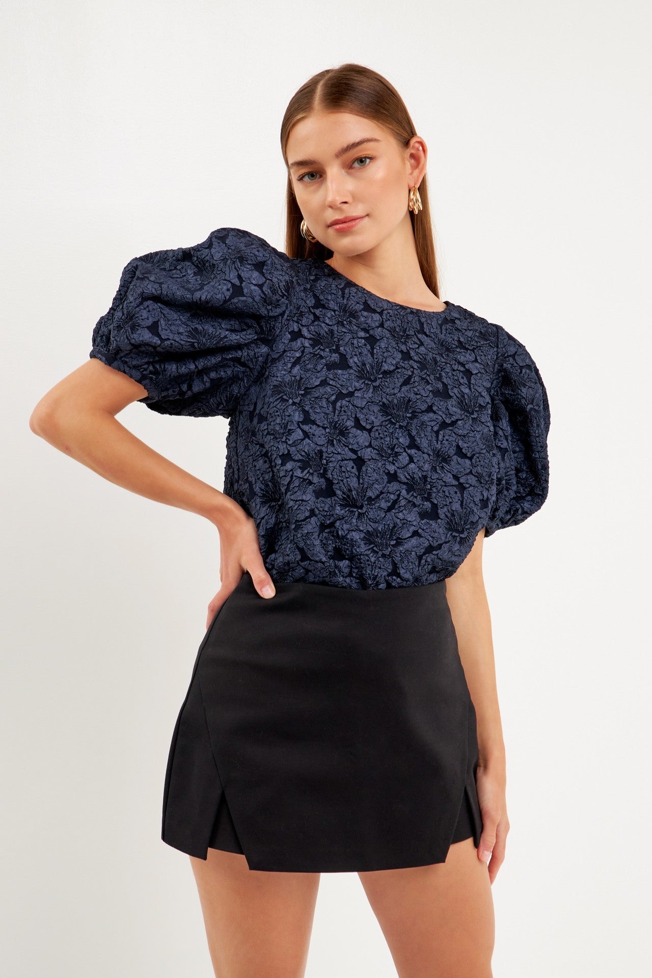 Apparel- Endless Rose Texture Fabric Top with Puff Short Sleeves