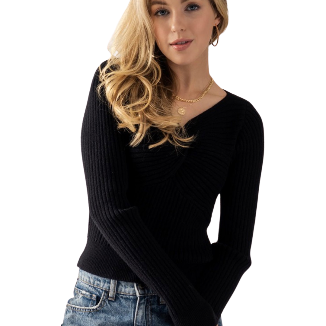 Apparel- Trend Notes Stretch Knit Ribbed V Front Sweater Top