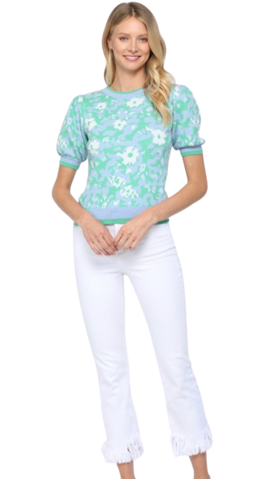 Apparel- Fate Floral Knitted Short Puffed Sleeve Summer Sweater Blue/Green