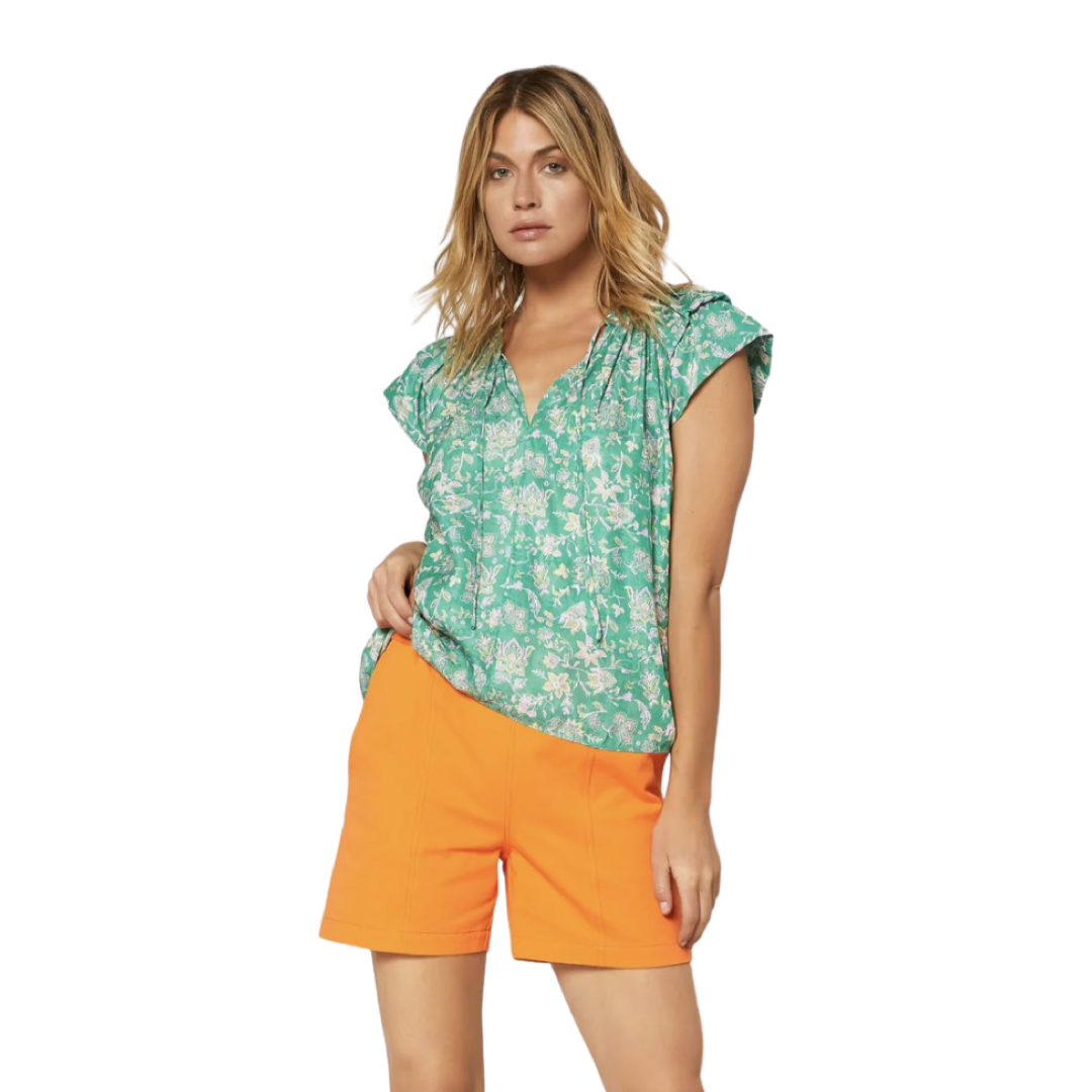 Apparel- Current Air Split Neck Self Tie Blouse in Floral Green