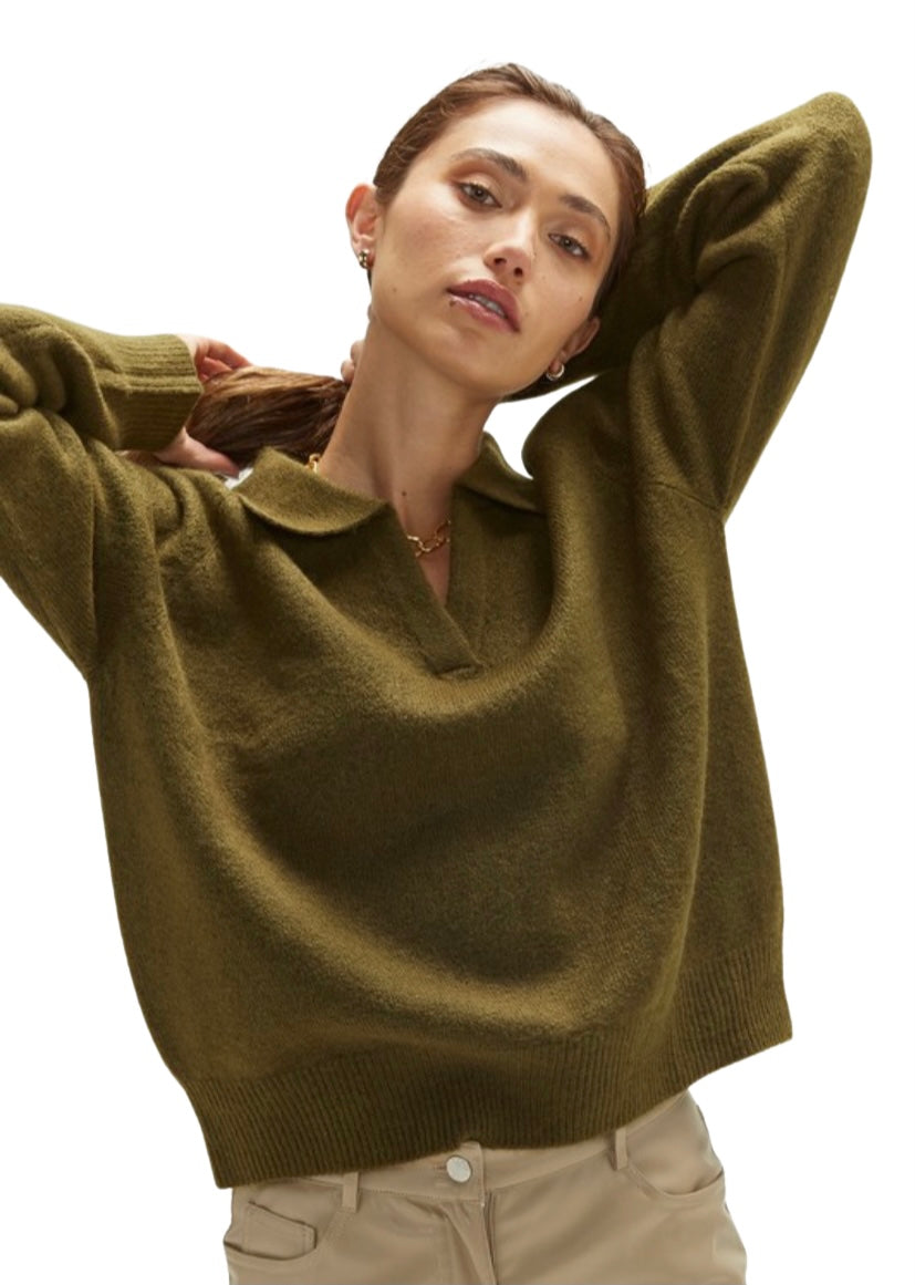 Apparel- Crescent V Neck Lapel Collar Sweater in Olive