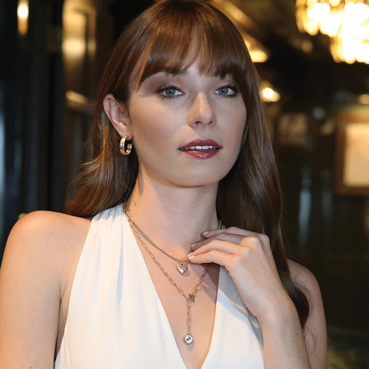Necklaces- Canvas Micaela Rhinestone Studded Puffed Hear Necklace in Worn Gold