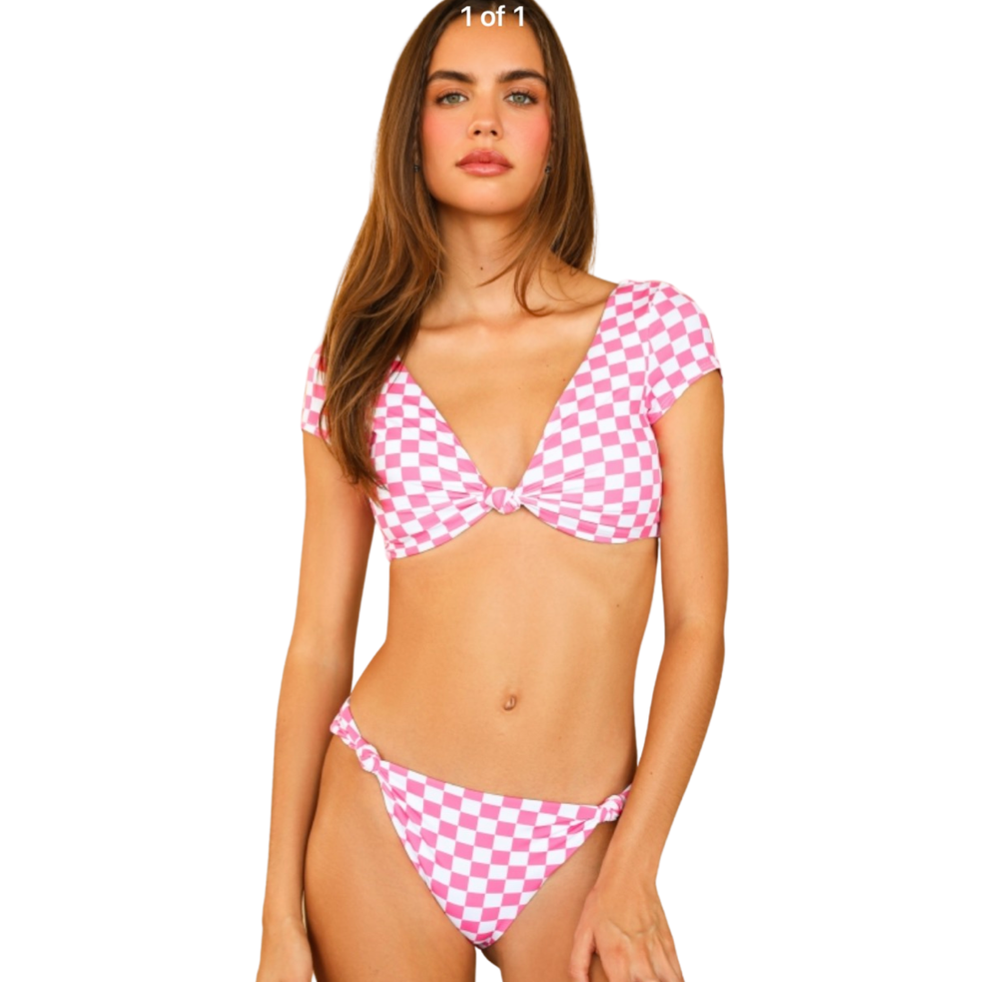 Swimwear- Dippin Daisys Quinn Bottom Checked Out Pink