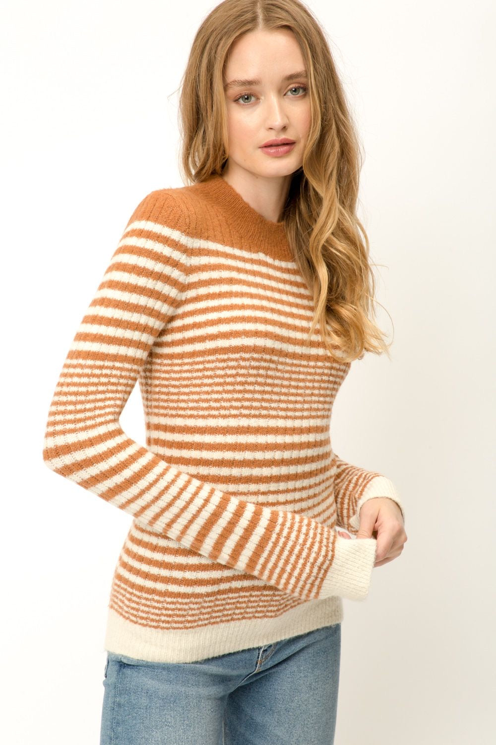 Apparel- Mystree Shimmer Striped Sweater Rust