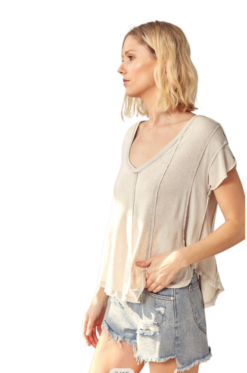 Apparel- Mustard Seed V Neck Pleat Shirt Icy Taupe