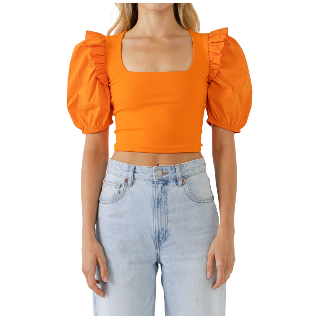 Apparel- English Factory Mixed Media Puff Sleeve Knit Top