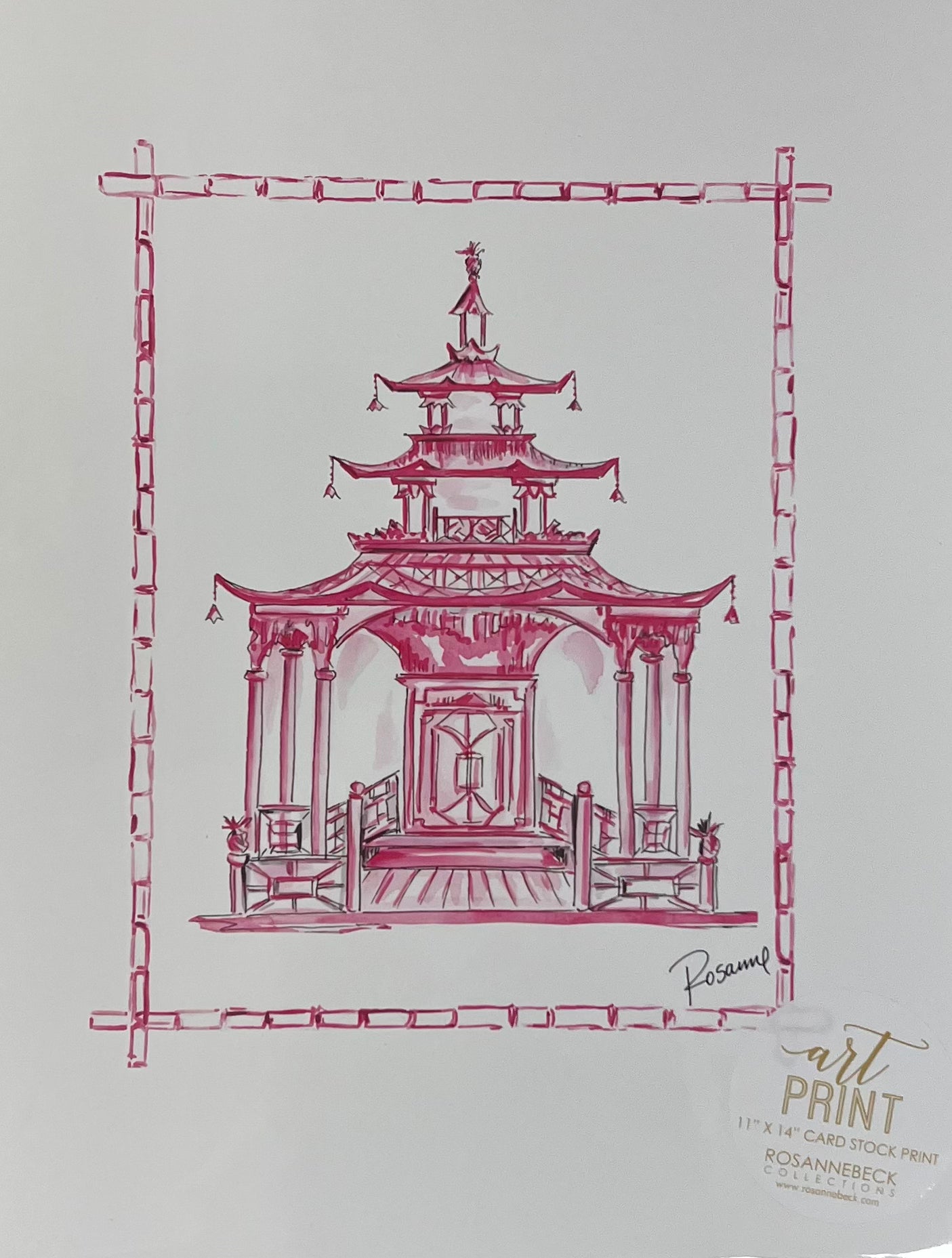 Home- Rosanne Beck Collections Art Print 11x14- Hand Painted Ornate Pagoda Pink