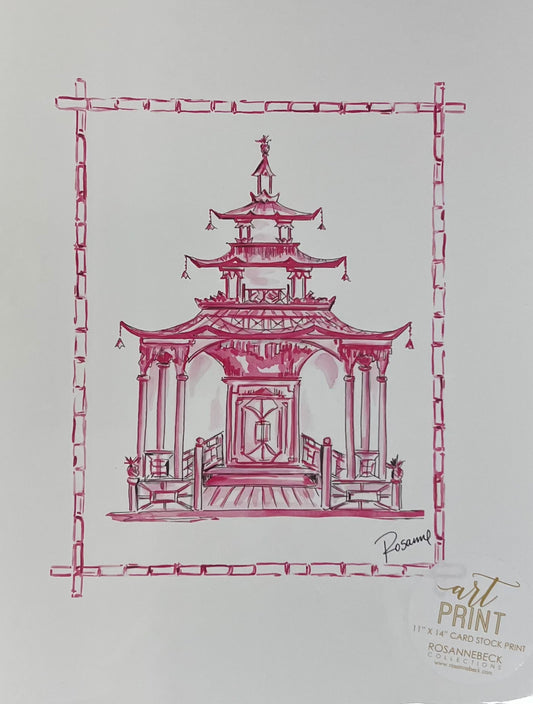 Home- Rosanne Beck Collections Art Print 11x14- Hand Painted Ornate Pagoda Pink
