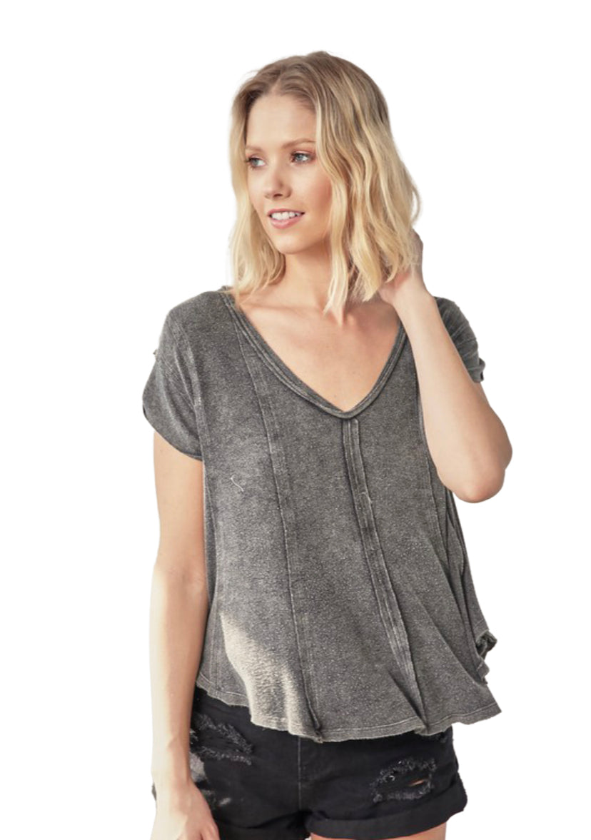 Apparel- Mustard Seed V Neck Pleat Shirt Charcoal