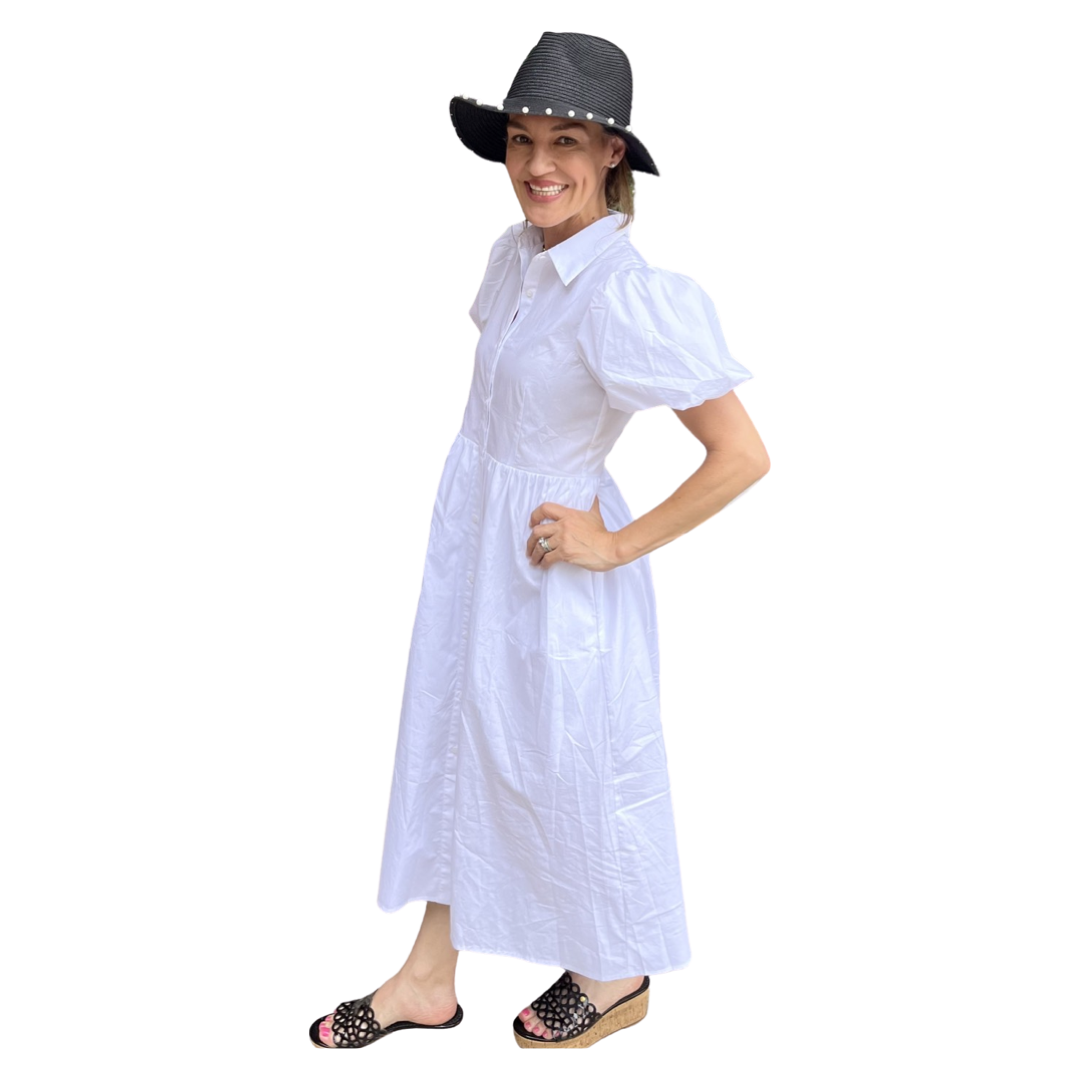 Apparel- Moodie Collard Button Down Dress with Puffed Sleeves