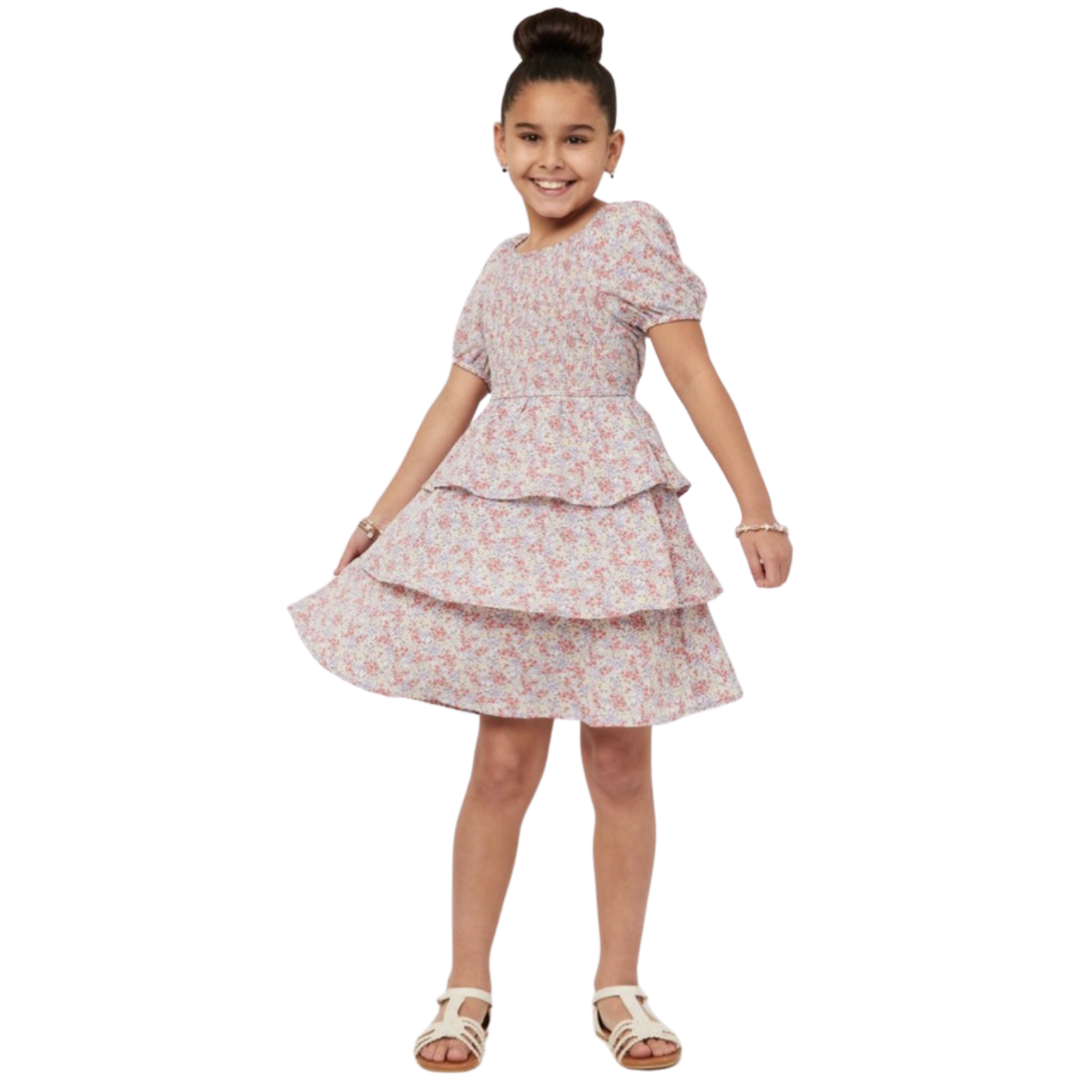 Girls- Hayden Girls Ditsy Floral Square Neck Smocked Puffed Sleeve Dress