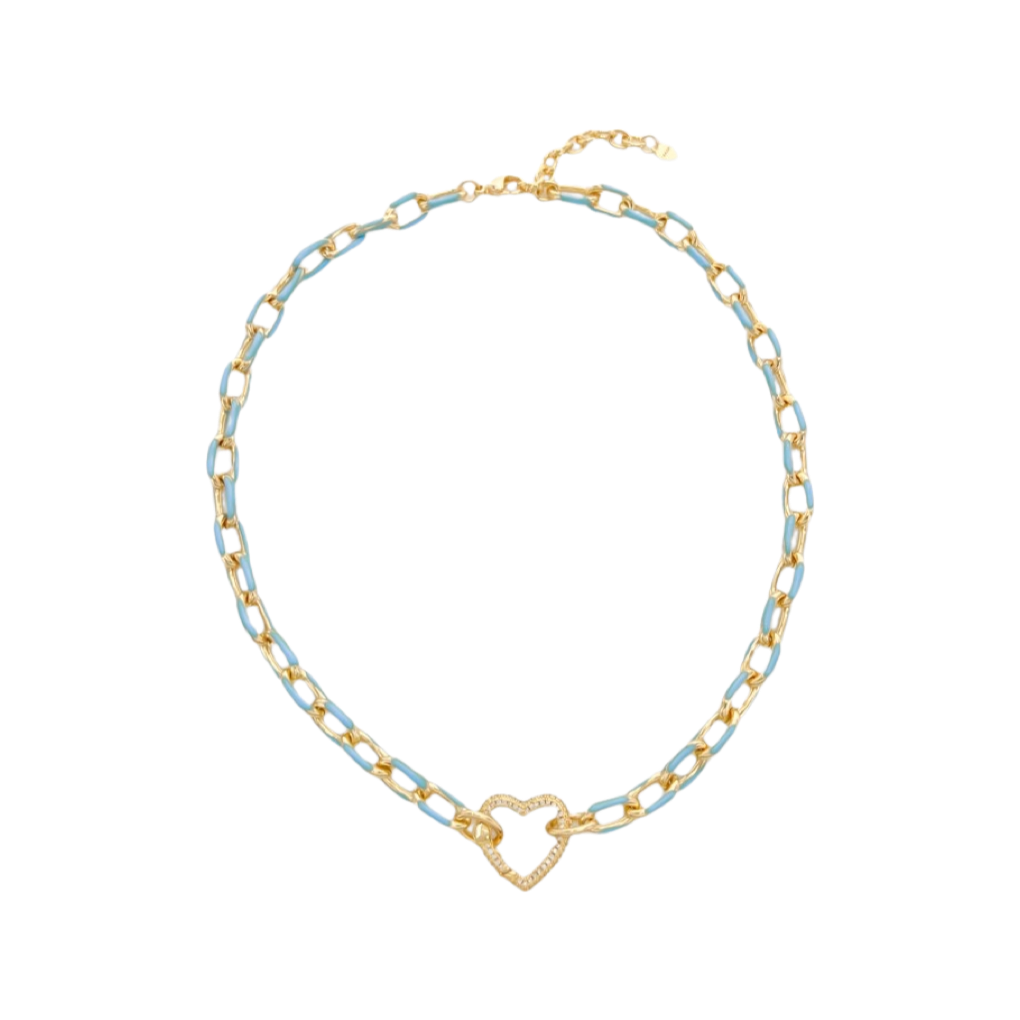 Necklace- M&E Bling Heart CZ Enamel Paperclip Chain