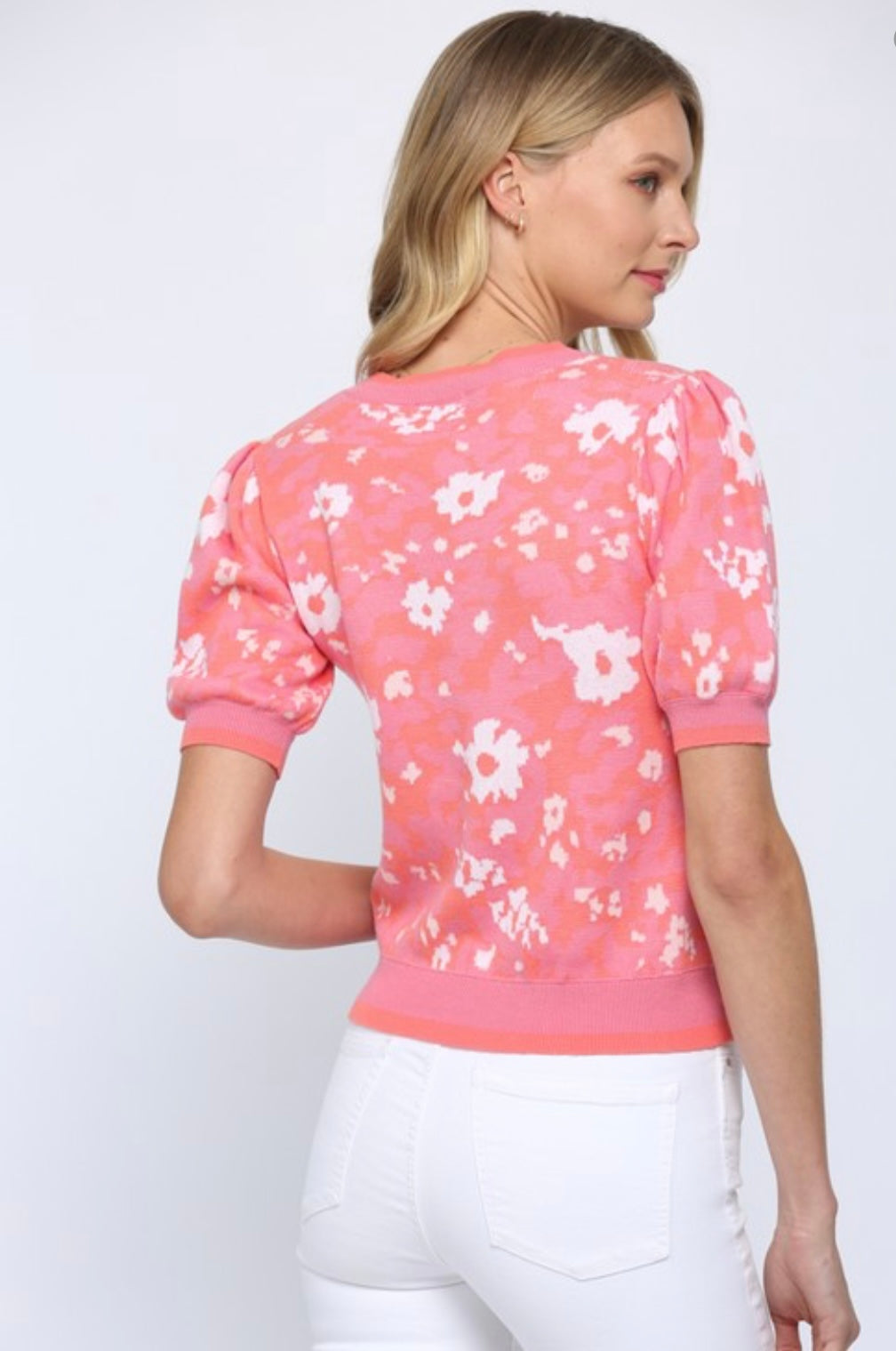 Apparel- Fate Floral Knitted Short Puffed Sleeve Summer Sweater Pink/Coral
