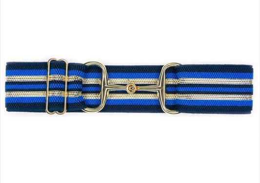 Belts- Royal and Navy Striped 2 in Gold Snaffle Elastic Belt