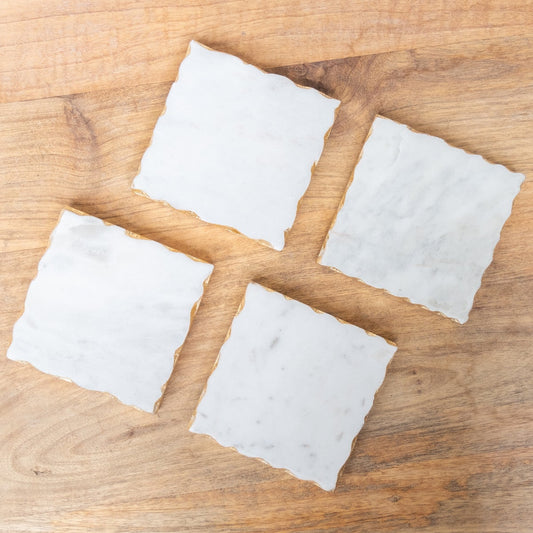 Marble Collection- Ferrara Square Marble Coasters 4x4 White/Gold