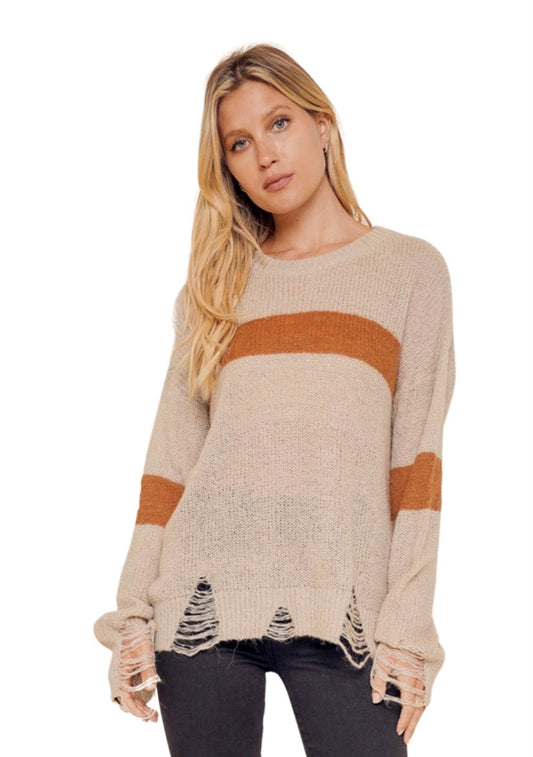 Apparel- Hem and Thread Distressed Frayed Color Block Sweater Camel