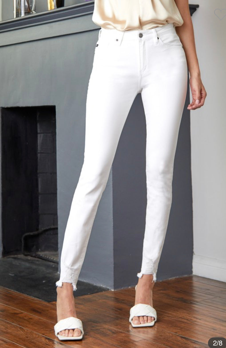 Apparel- Kan Can White High Rise Raw Hem Super Skinny Jeans