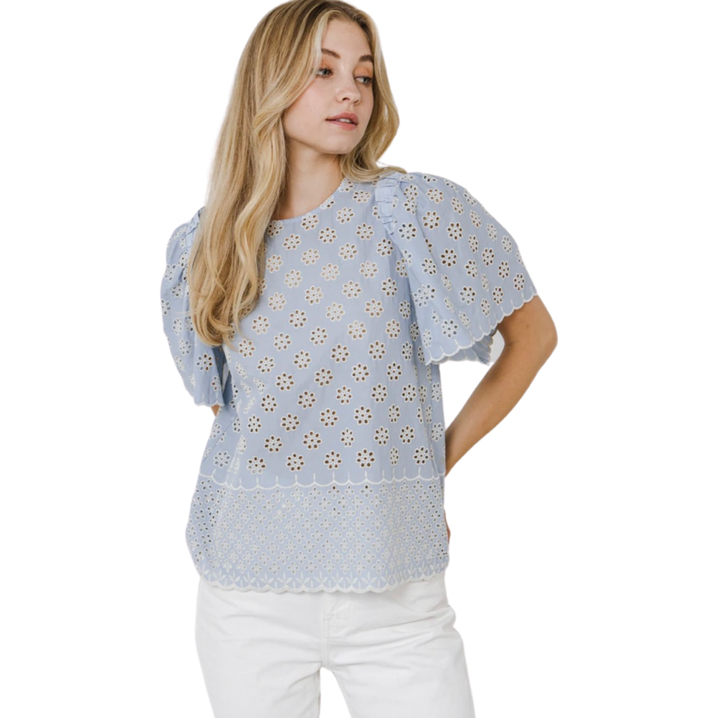 Apparel- English Factory Embroidered Top with Scalloped Hem