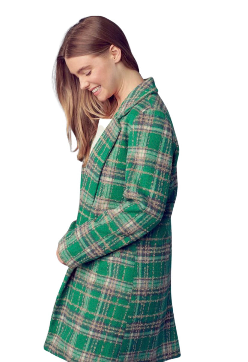 Apparel- En Merci Check Collard Neck and Notched Lapels Coat Green