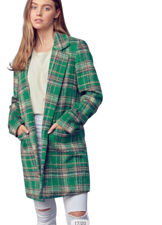 Apparel- En Merci Check Collard Neck and Notched Lapels Coat Green