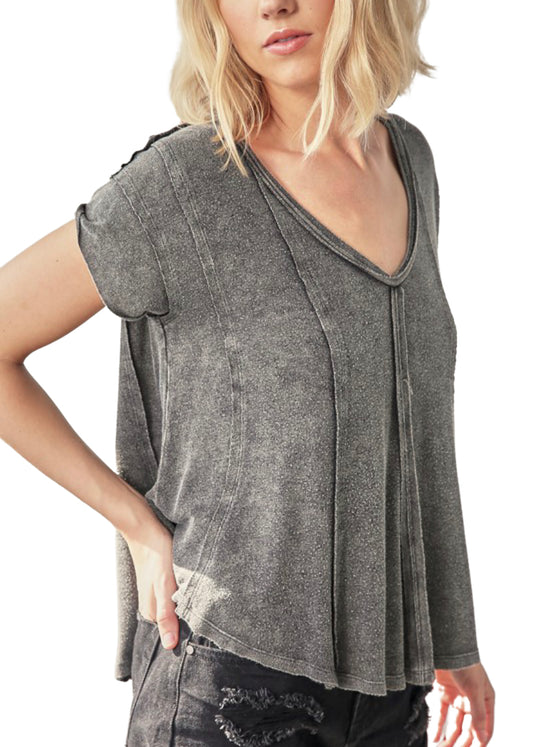 Apparel- Mustard Seed V Neck Pleat Shirt Charcoal