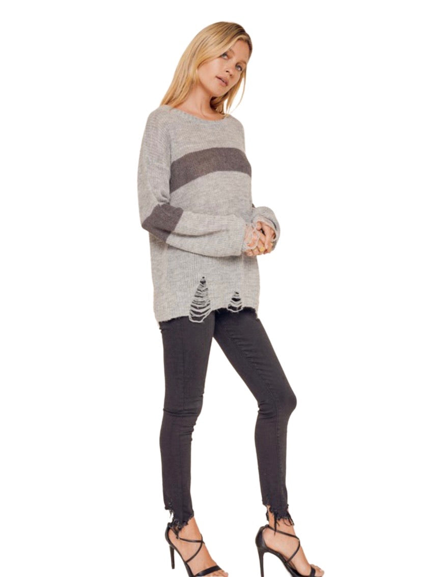 Apparel- Hem and Thread Distressed Frayed Color Block Sweater Gray