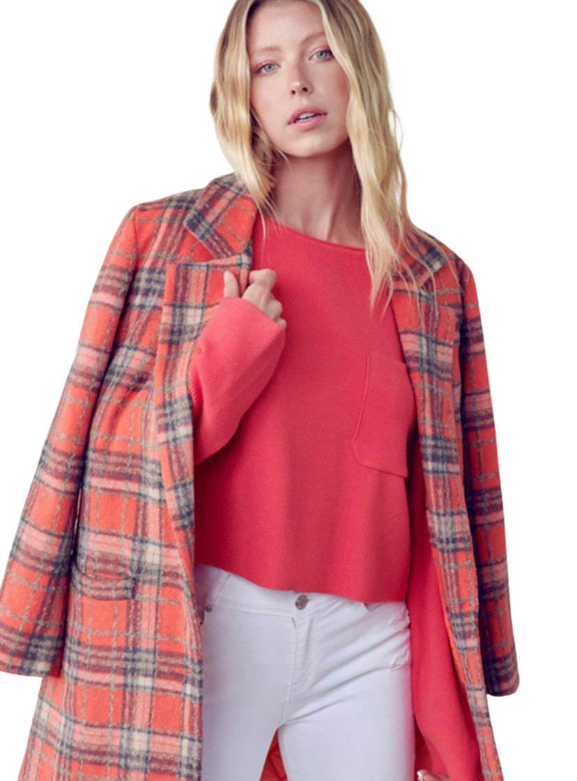 Apparel- En Merci Check Collard Neck and Notched Lapels Peacoat