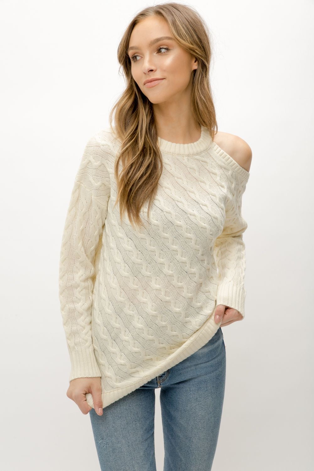Apparel- Mystree Bias Cable Knit Sweater Ivory
