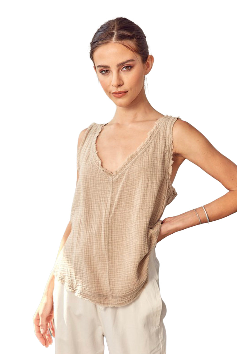 Apparel- Mustard Seed Sleeveless V Neck Waffle Weave Top Taupe