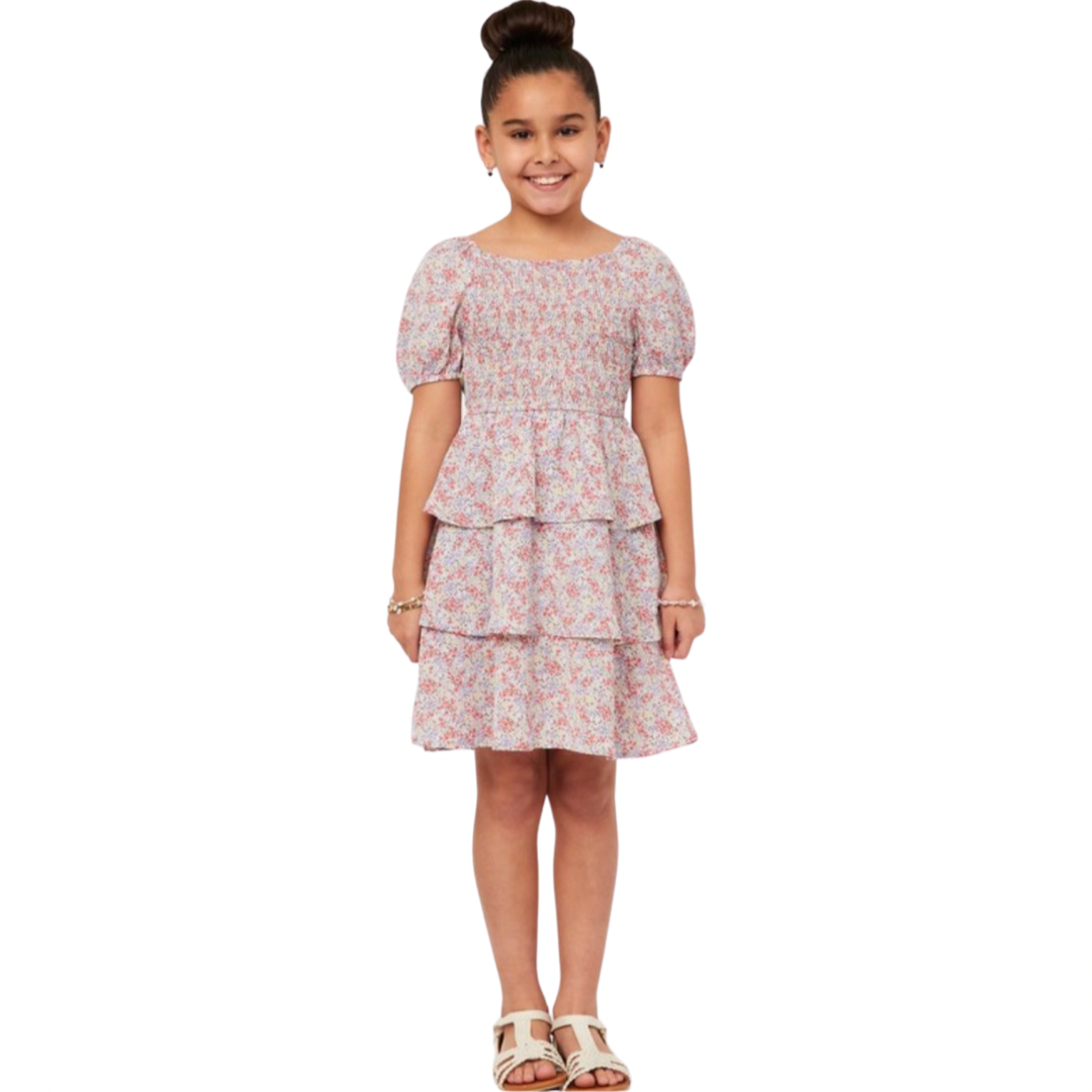 Girls- Hayden Girls Ditsy Floral Square Neck Smocked Puffed Sleeve Dress