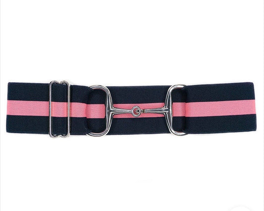 Belts- Pink and Navy Stripes 2 in Silver Snaffle Elastic Belt