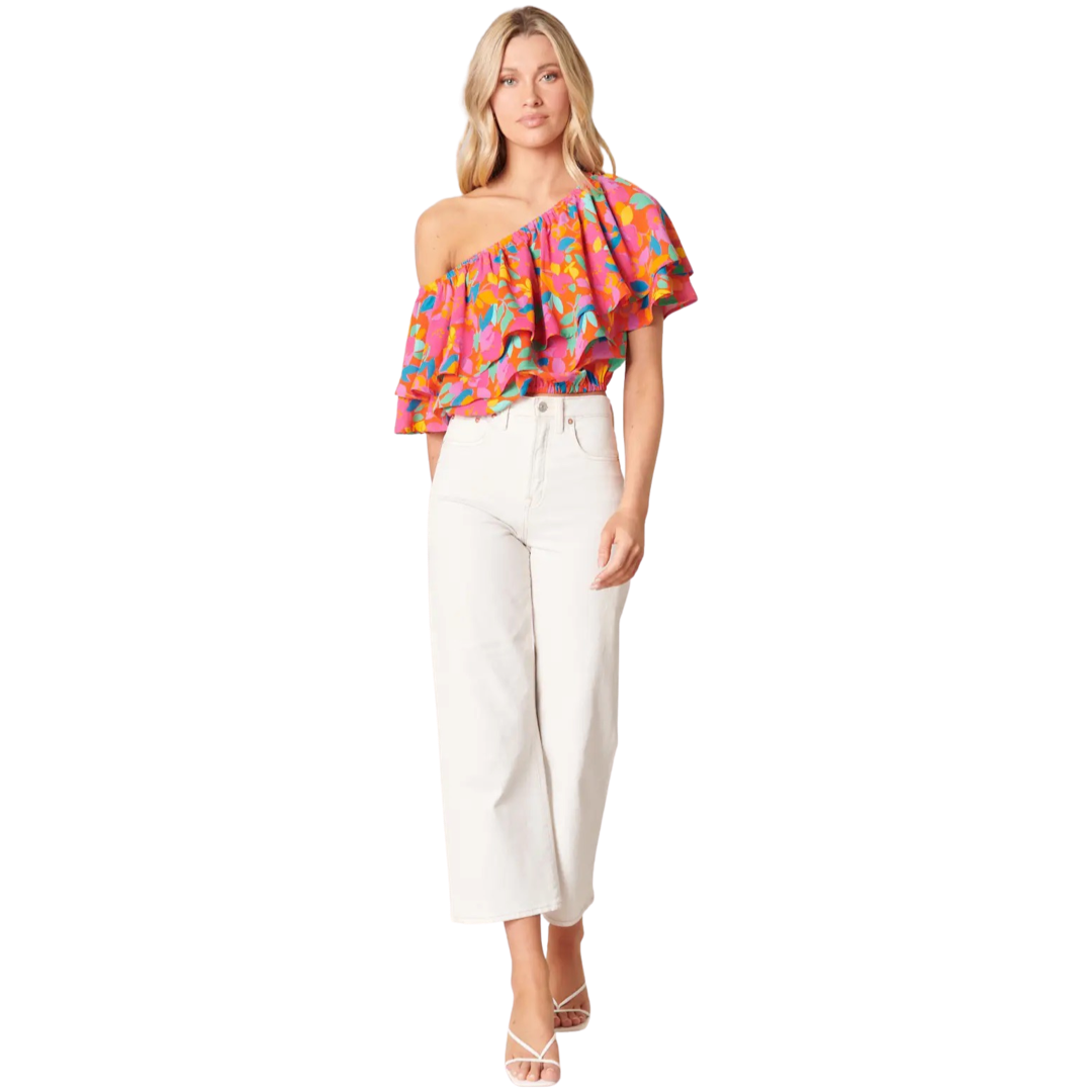 Apparel- Sugarlips Sweet Soul Fruity Floral One Shoulder Ruffle Top