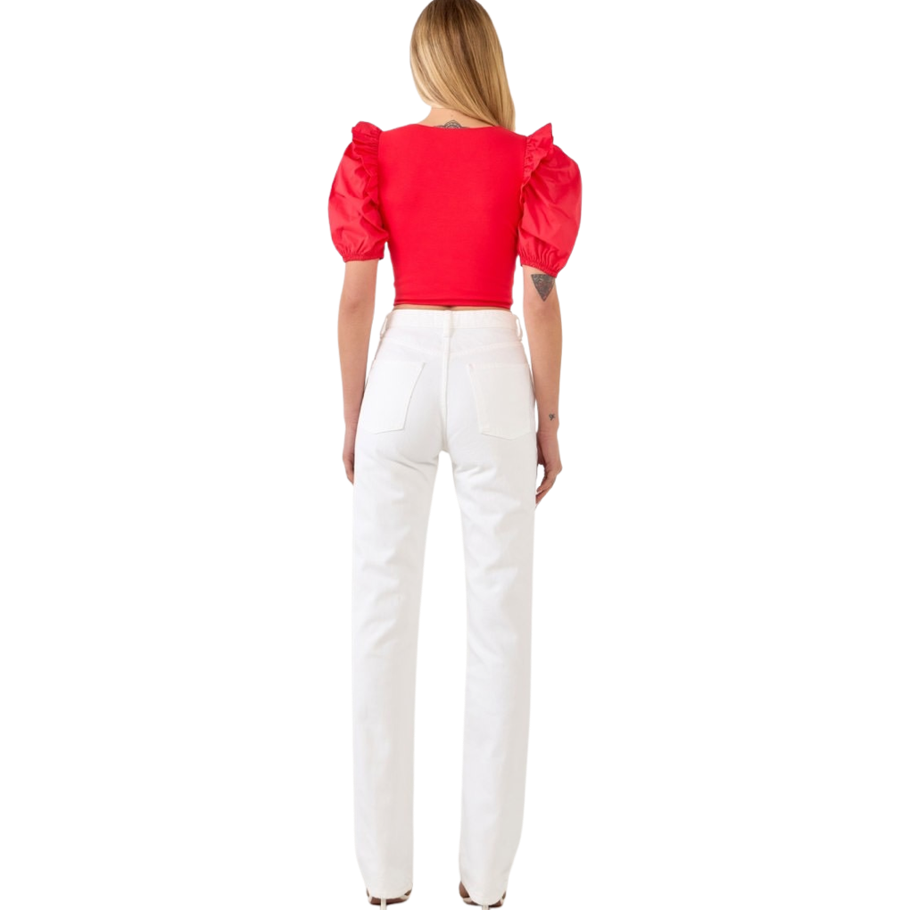 Apparel- English Factory Mixed Media Puff Sleeve Knit Top