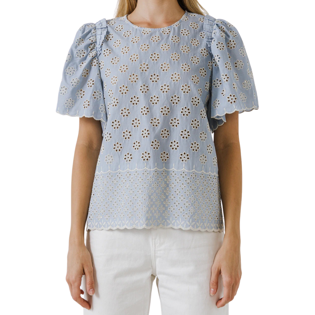 Apparel- English Factory Embroidered Top with Scalloped Hem