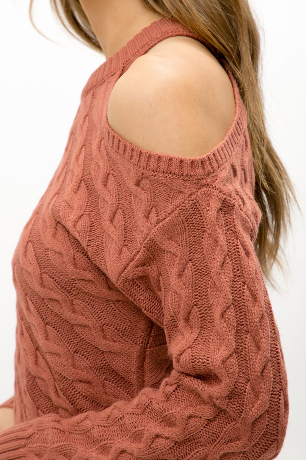 Apparel- Mystree Bias Cable Knit Sweater Dusty Rose