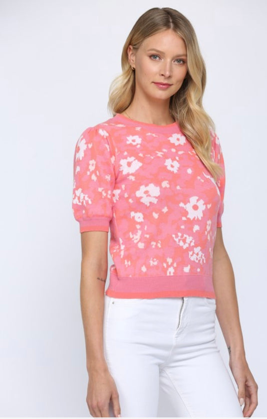 Apparel- Fate Floral Knitted Short Puffed Sleeve Summer Sweater Pink/Coral
