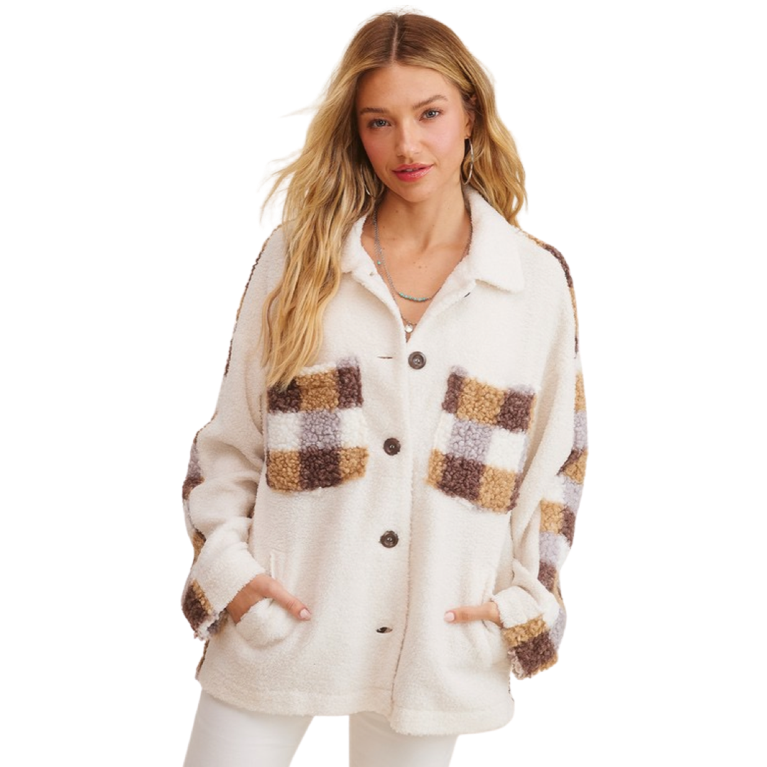 Apparel- Listicle Soft Sherpa Contrast Shacket