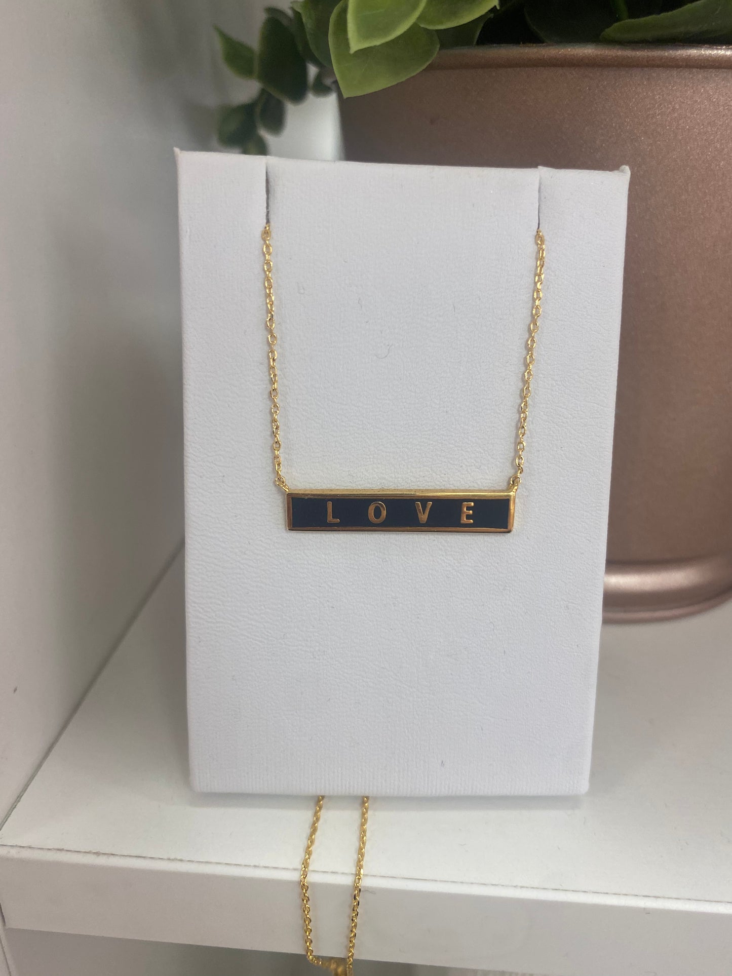 Necklaces- M&E Bling Black Bar “LOVE” Necklace with Paper Clip Chain