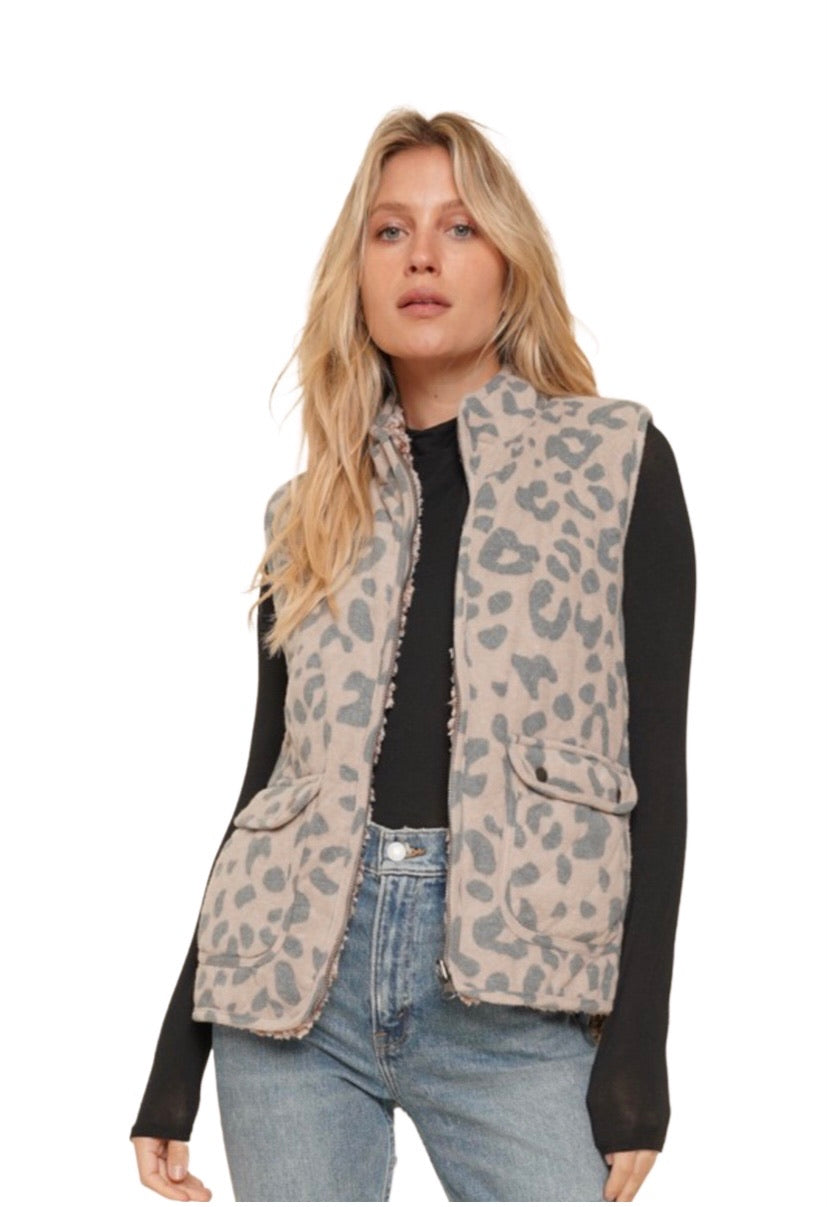 Apparel- Hem and Thread Leopard Print Sherpa Vest Taupe