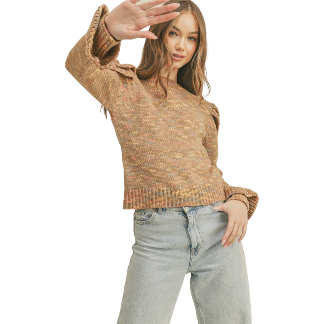 Apparel- En Merci Ruffled Shoulder Mix Knit Sweater