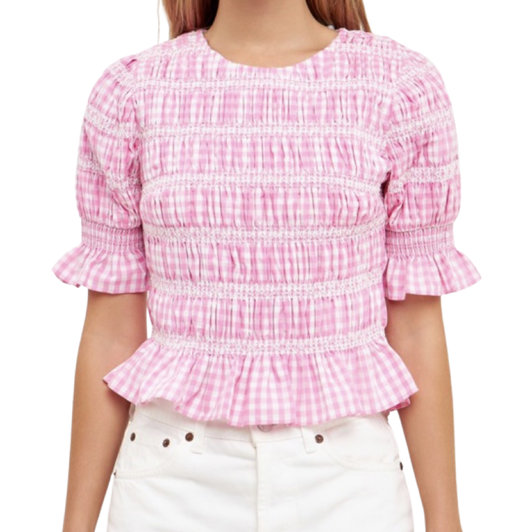 Apparel- English Factory Gingham Smocked Puffed Sleeve Top