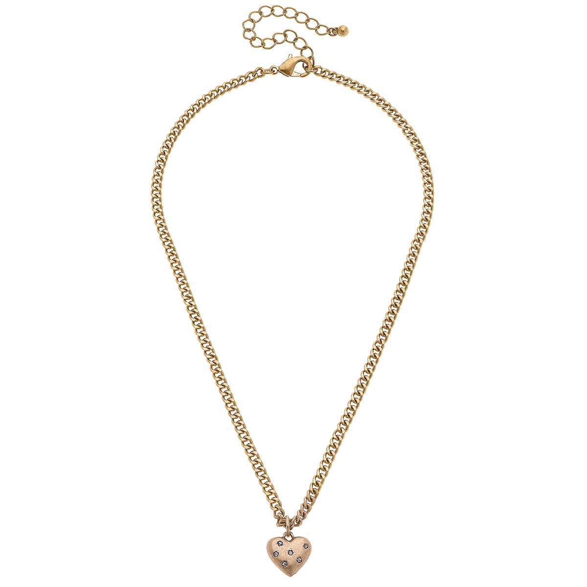 Necklaces- Canvas Micaela Rhinestone Studded Puffed Hear Necklace in Worn Gold