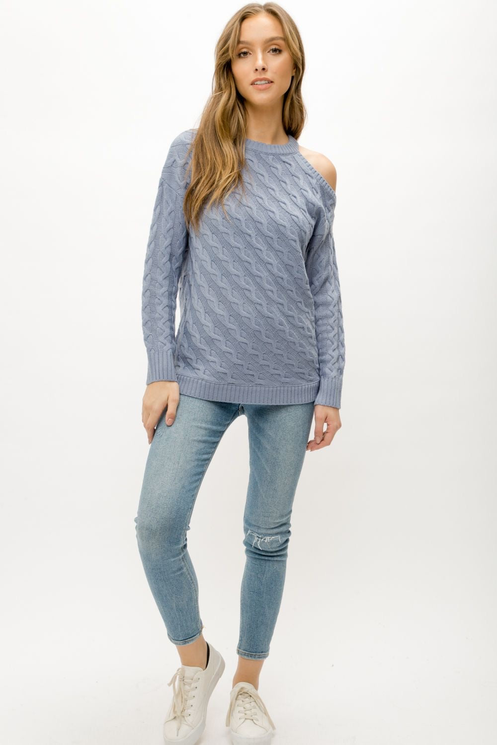 Apparel- Mystree Bias Cable Knit Sweater Dusty Blue