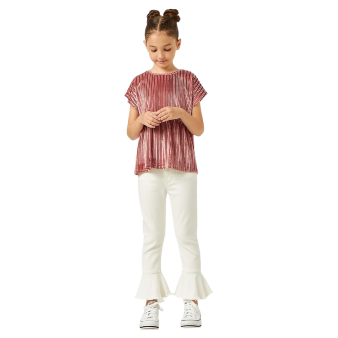 Girls- Hayden Girls Ribbed Velvet Round Neck Babydoll Top