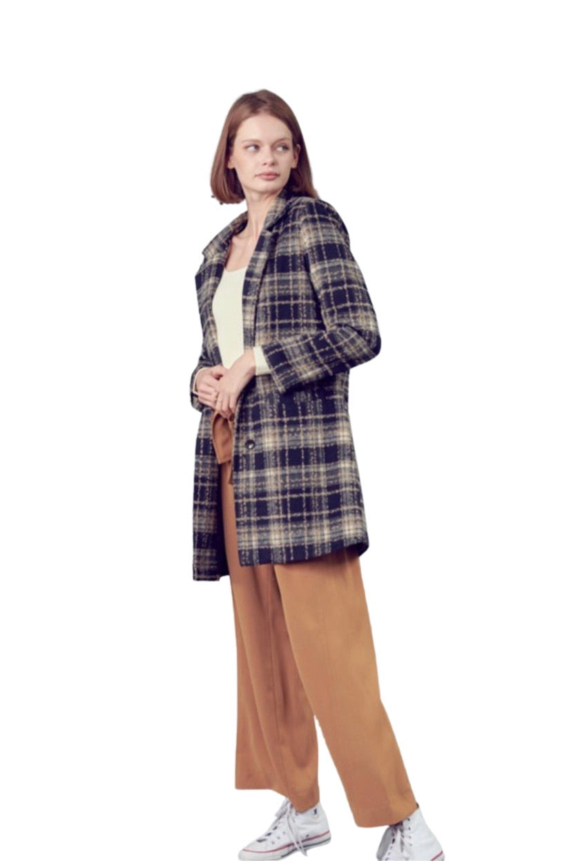 Apparel- En Merci Check Collard Neck and Notched Lapels  Peacoat