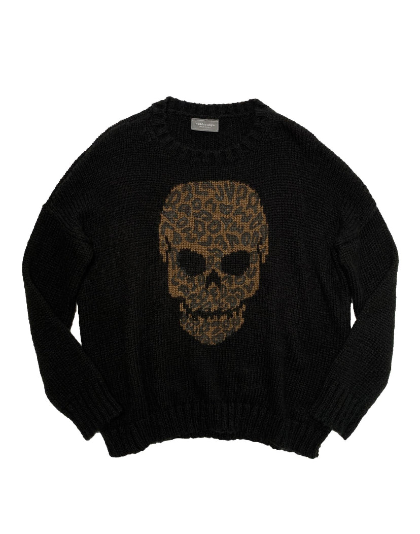Apparel- Wooden Ships Skull Leopard Print Crew Lightweight Sweater