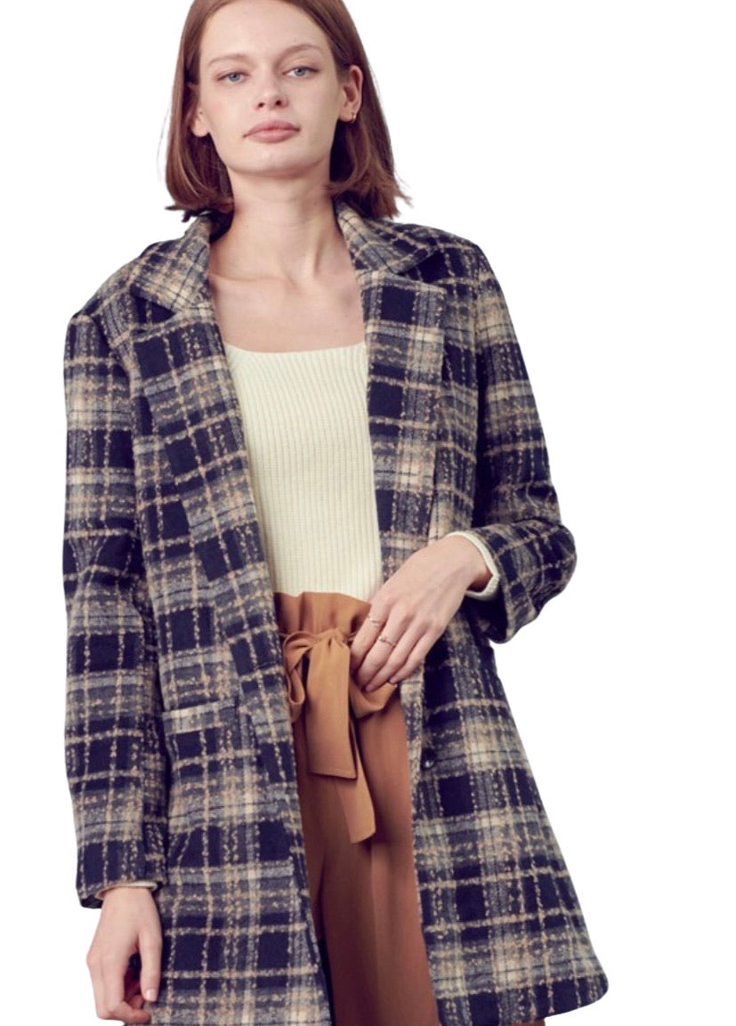 Apparel- En Merci Check Collard Neck and Notched Lapels  Peacoat